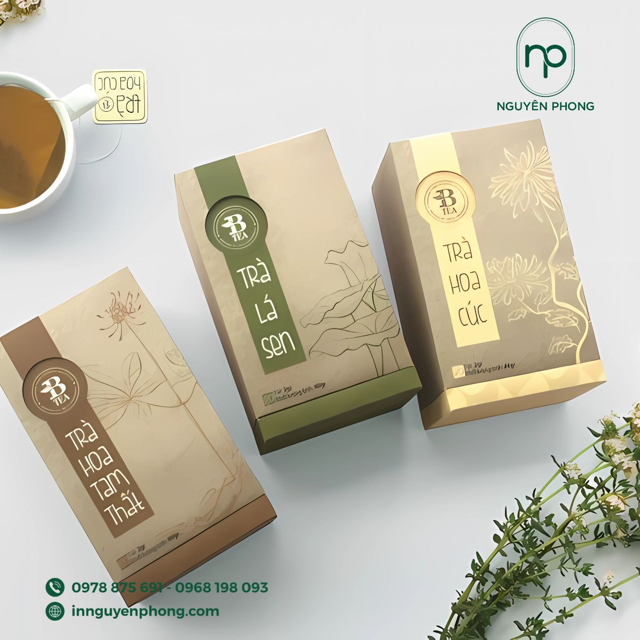 Mẫu logo chè trên hộp giấy phong cách đơn giản 